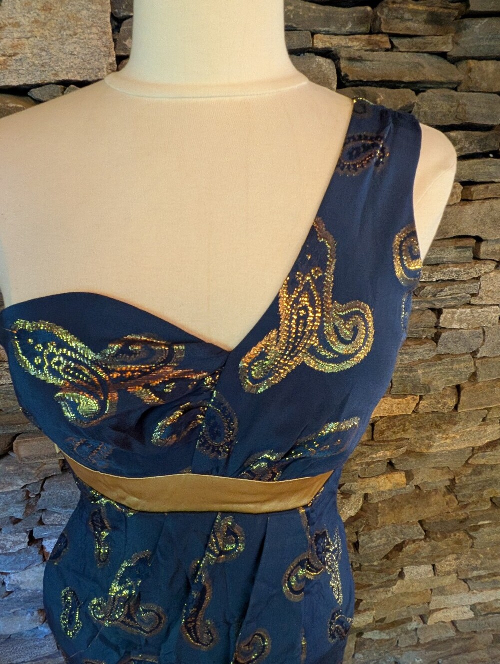 Voom Dark Blue Silk One Shoulder Dress With Metallic Gold Paisley Size Xs - Picture 7 of 11